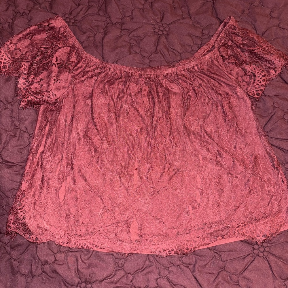 American Eagle Outfitters Lace Off-Shoulder Blouse - Burgundy